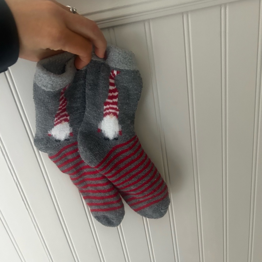 Gray and Red Gnome Christmas Striped Thick Cozy Cabin Socks